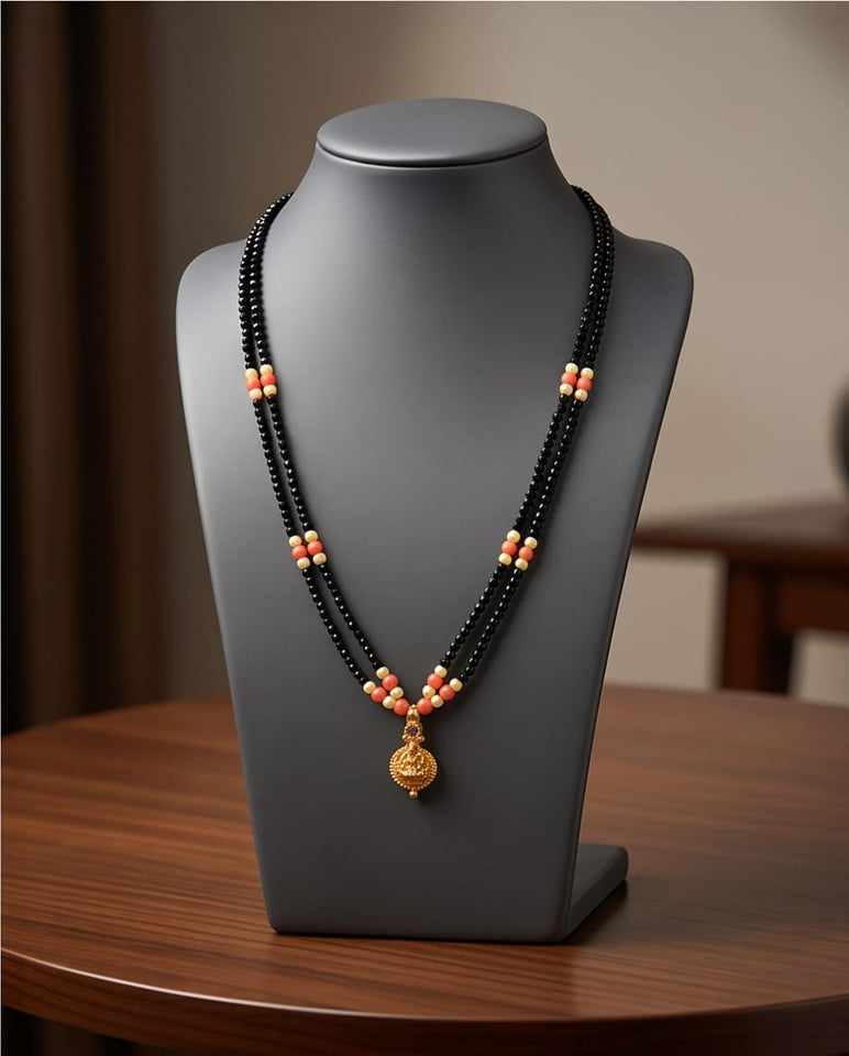 Double-Strand Black Bead Mangalsutra with Coral & Pearl Accents