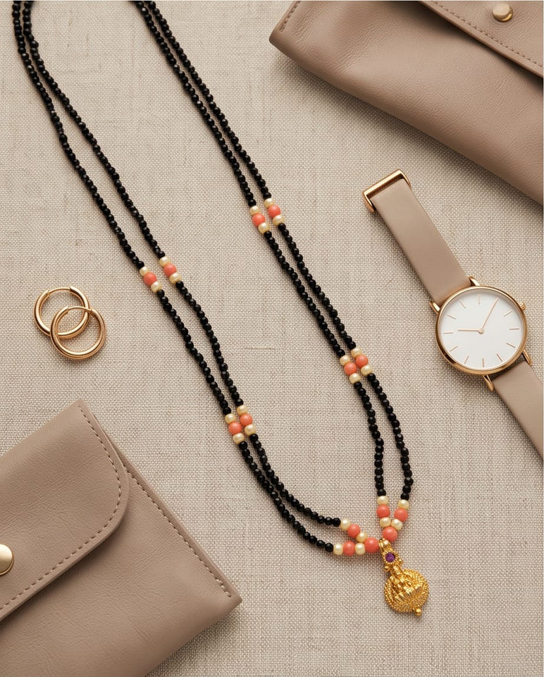 Double-Strand Black Bead Mangalsutra with Coral & Pearl Accents