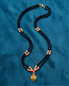 Double-Strand Black Bead Mangalsutra with Coral & Pearl Accents
