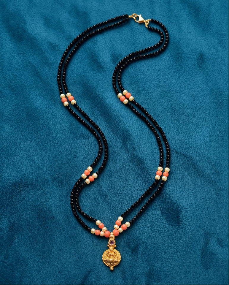 Double-Strand Black Bead Mangalsutra with Coral & Pearl Accents