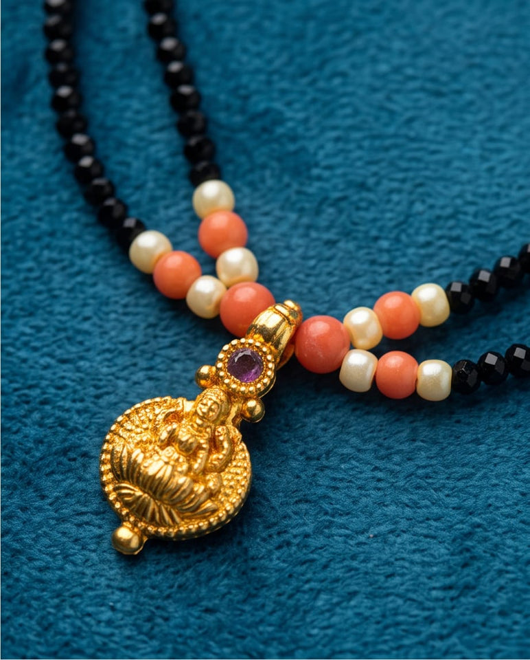 Double-Strand Black Bead Mangalsutra with Coral & Pearl Accents