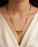Gold-Toned Mangalsutra & Stud Earring Set with Green Stone Lotus Pendant