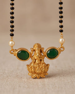 Gold-Toned Mangalsutra & Stud Earring Set with Green Stone Lotus Pendant