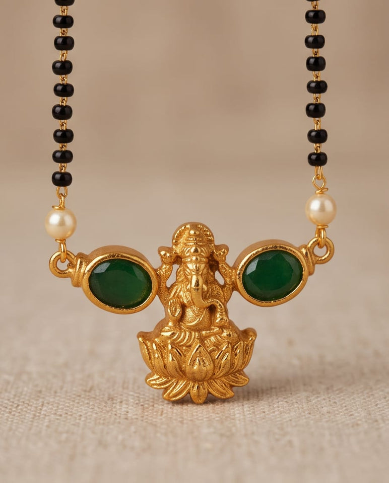 Gold-Toned Mangalsutra & Stud Earring Set with Green Stone Lotus Pendant
