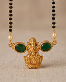 Gold-Toned Mangalsutra & Stud Earring Set with Green Stone Lotus Pendant