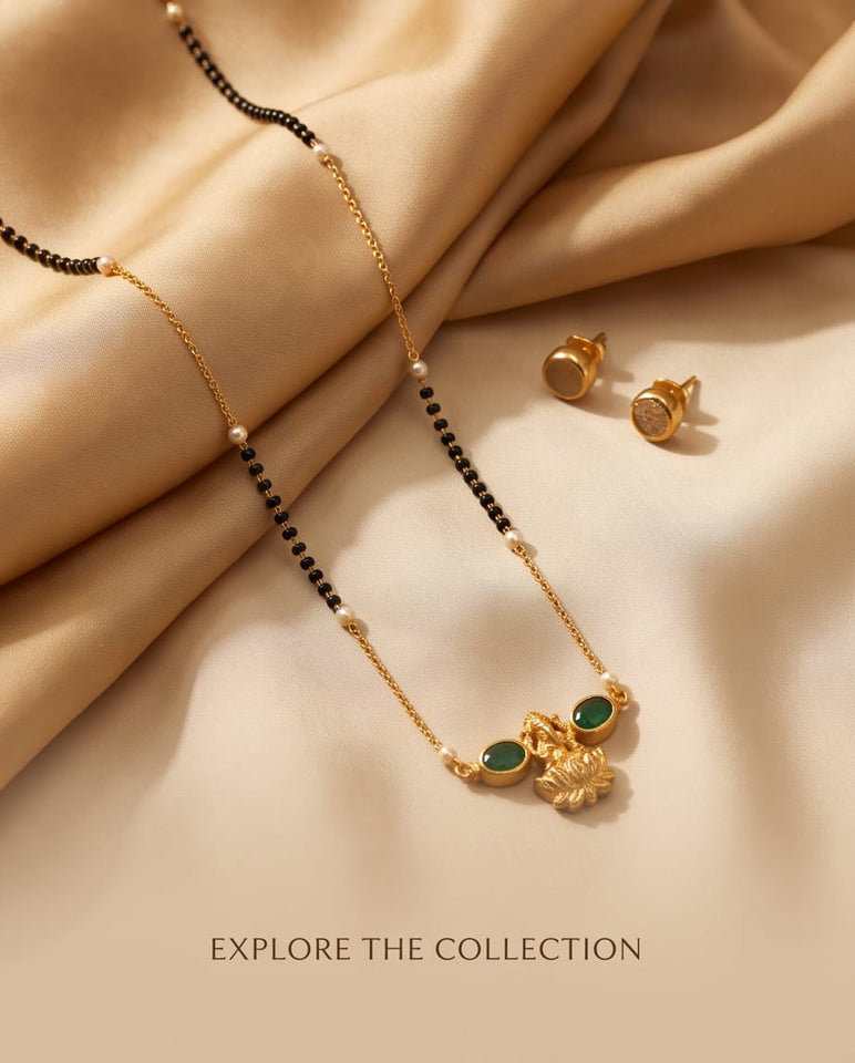 Gold-Toned Mangalsutra & Stud Earring Set with Green Stone Lotus Pendant