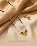 Gold-Toned Mangalsutra & Stud Earring Set with Green Stone Lotus Pendant
