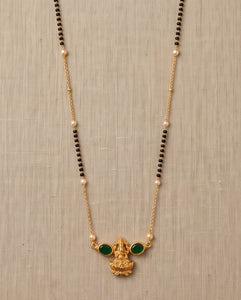Gold-Toned Mangalsutra & Stud Earring Set with Green Stone Lotus Pendant