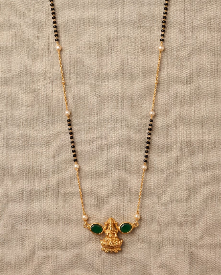 Gold-Toned Mangalsutra & Stud Earring Set with Green Stone Lotus Pendant