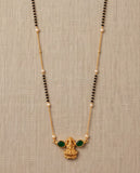 Gold-Toned Mangalsutra & Stud Earring Set with Green Stone Lotus Pendant